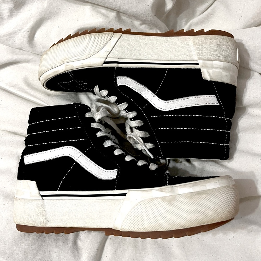 Black and white high-top platform vans